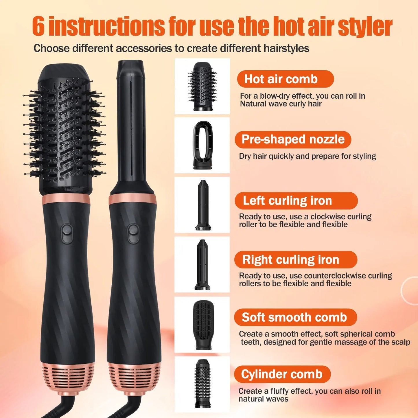 6 In 1 Multifunctional Hair Dryer Styler Curler Negative Ion Frizz Free Hot Dryer
